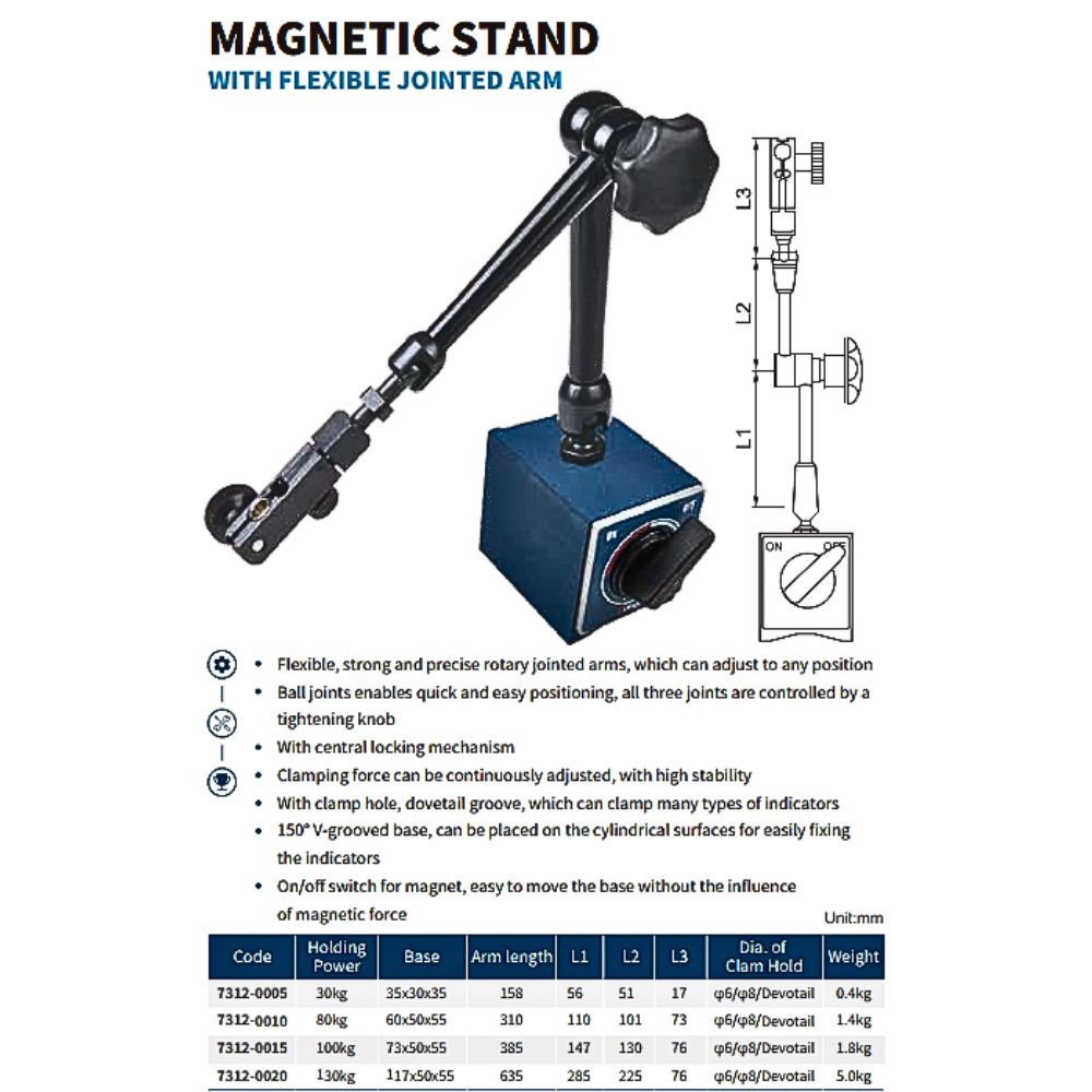 MAGNETIC BASE WITH MECHANICAL 3-D JOINTED ARMS 30-130KG