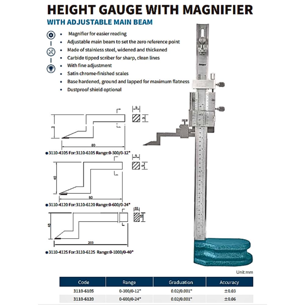 VERNIER HEIGHT GAUGE 0-300mm/0-12"(0.02mm/0.001")